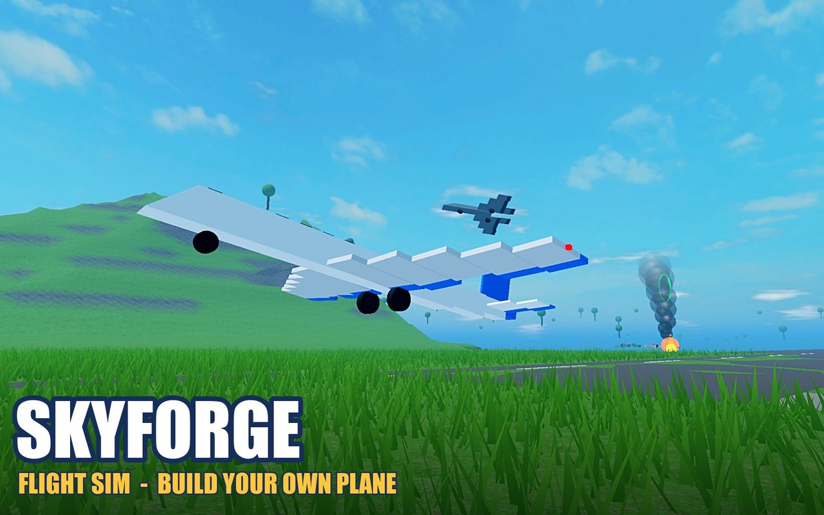 SkyForge Flight Sim, a plane built from blocks flying over an island