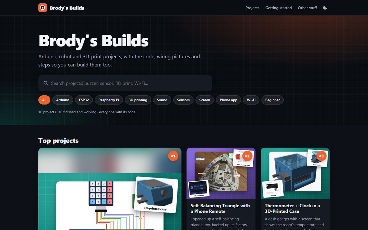 The Brody's Builds home page with a search bar and project cards